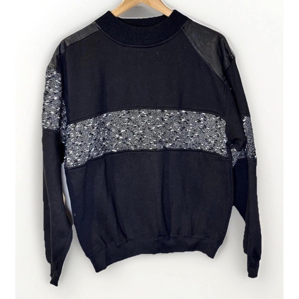 VTG 80's Leather‎ Trim Double Collar Crewneck Abstract Sweater Sweatshirt Sz M/L